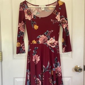 Planet Gold Maroon Floral Long Sleeve Dress Small
